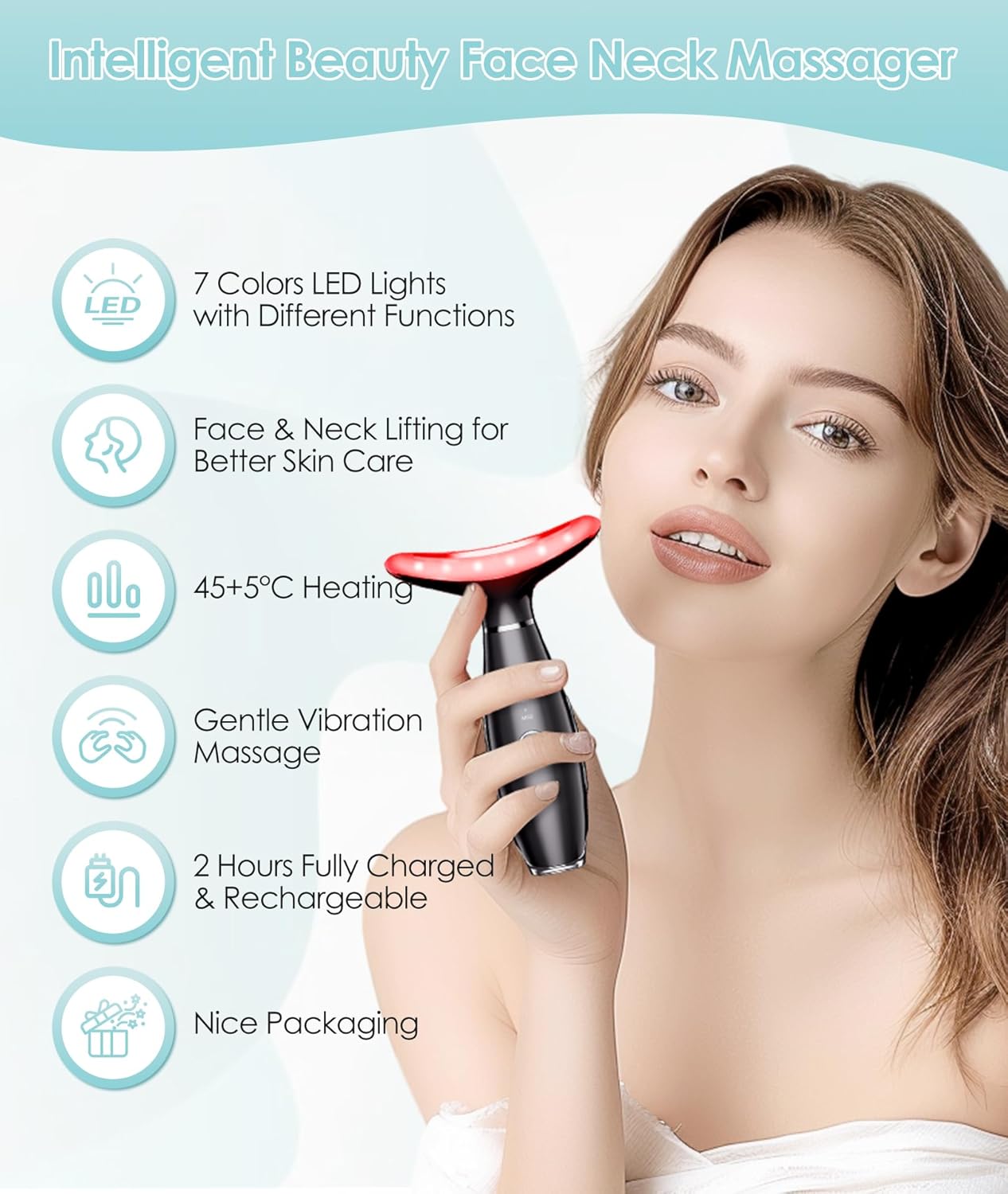 7 Color Neck Face Massager - Facial Massager Tool for Skin Care at Home, Vibrating Face Massager with Thermals, Galvanic Machines Black