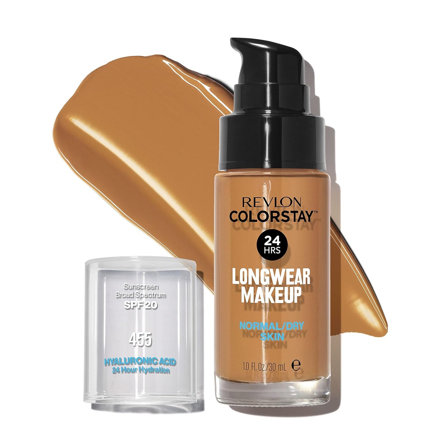 Revlon Liquid Foundation, ColorStay Face Makeup for Normal & Dry Skin, SPF 20, Longwear Medium-Full Coverage with Natural Finish, Oil Free, 455 Honey Beige, 1 Fl Oz