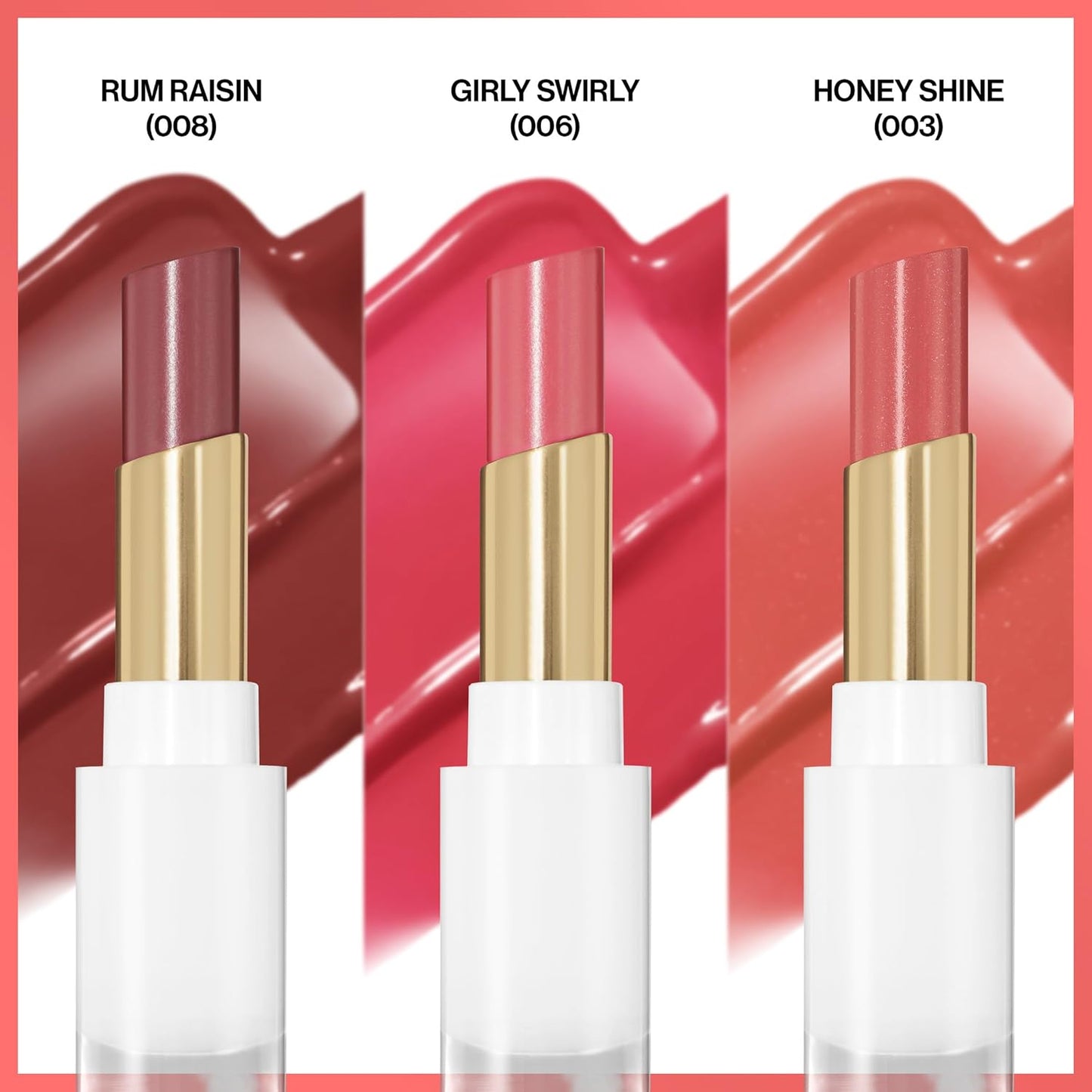 REVLON Super Lustrous Glass Shine Balm Gift Set, 3-Piece, Lipstick Multipack, Hydrating Tinted, Sheer Glossy Finish, 003 Honey Shine, 008 Rum Raisin, 006 Girly Swirly