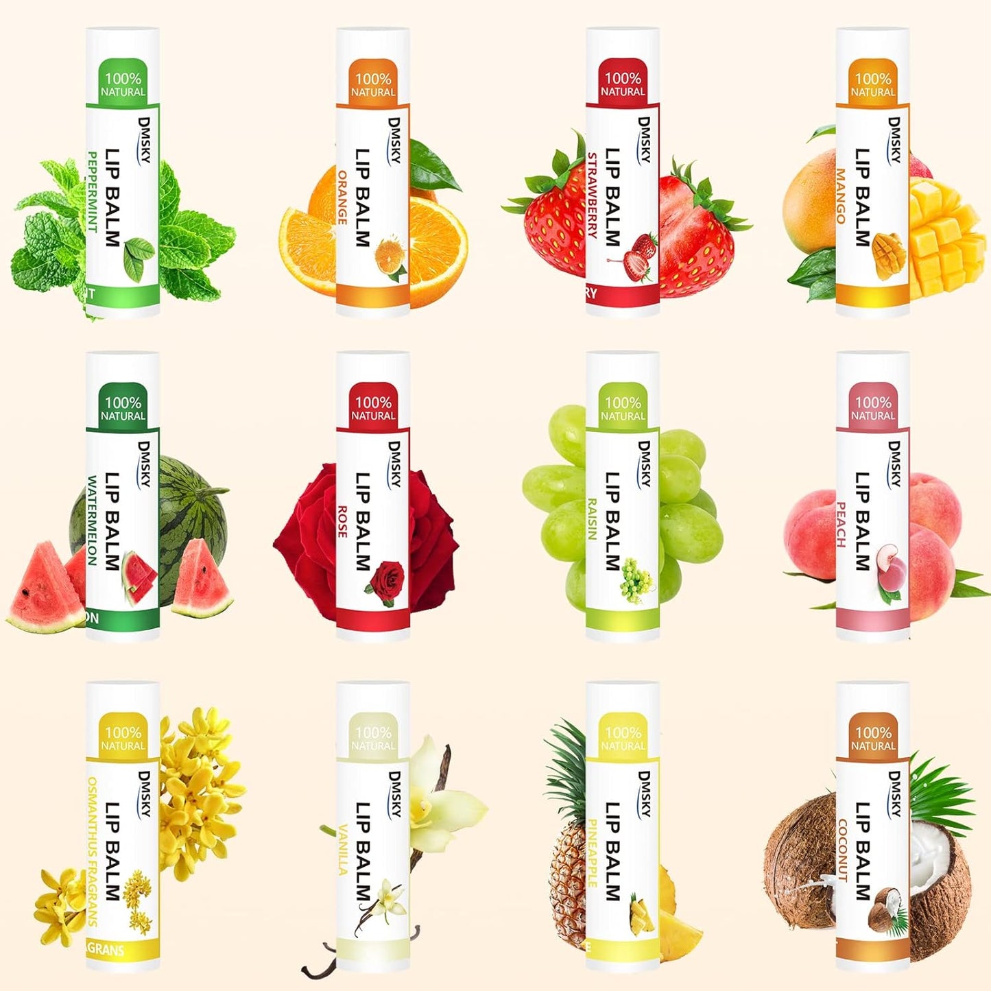 DMSKY 120 Pack Lip Balm, Natural Lip Balm Bulk with Vitamin E and Coconut Oil, Moisturizing Lip Balms for Chapped Lips-12 Flavors