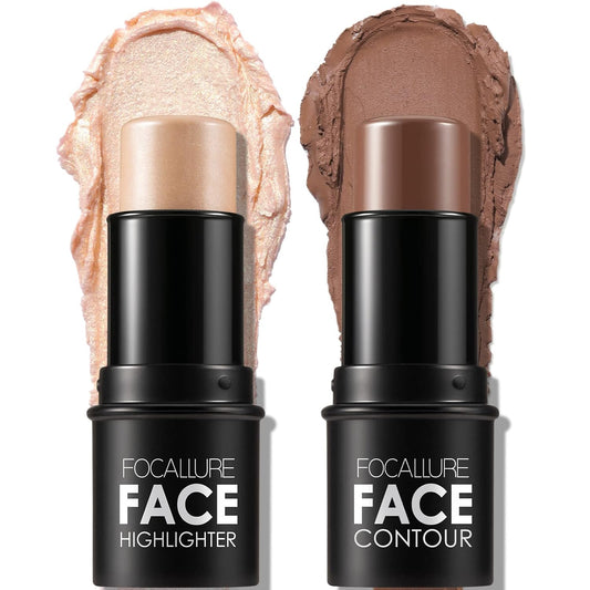FOCALLURE 2 Pcs Mineral Cream Contour Stick,Moisturize Highlighter and Bronzer Pen,Non Stick Face Brightens & Shades Pencil,Long Lasting & Smooth Gliding Face Illuminator Makeup,Tan