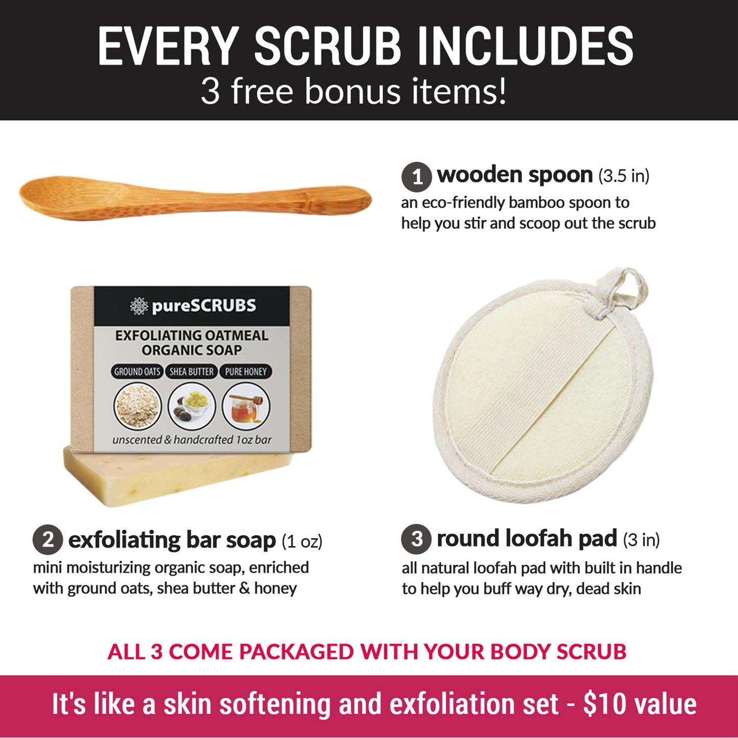 pureSCRUBS Premium Jasmine Body Scrub Set - Large 16oz Dead Sea Salt Body Scrub With Infused Essential Oils & Nutrients Includes Wooden Spoon, Loofah & Oatmeal Exfoliating Bar Soap