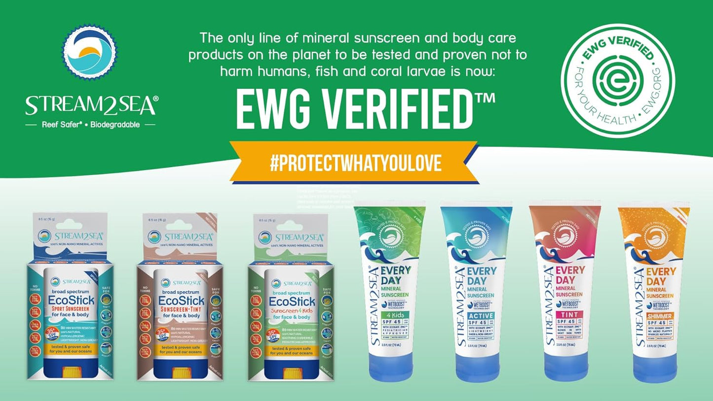 SPF 45 Every Day Active Mineral Sunscreen | 2.5 Fl Oz Biodegradable & Reef Safe Sunscreen for Face & Body | Non-Greasy, Lightweight & Sheer Mineral Protection Against UVA & UVB by Stream2Sea