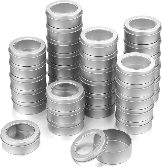 TecUnite 40 Pack 2 Ounce Metal Tin Cans Round Empty Container Salve Tins with Clear Lid for Kitchen, Office, Candles, Candies