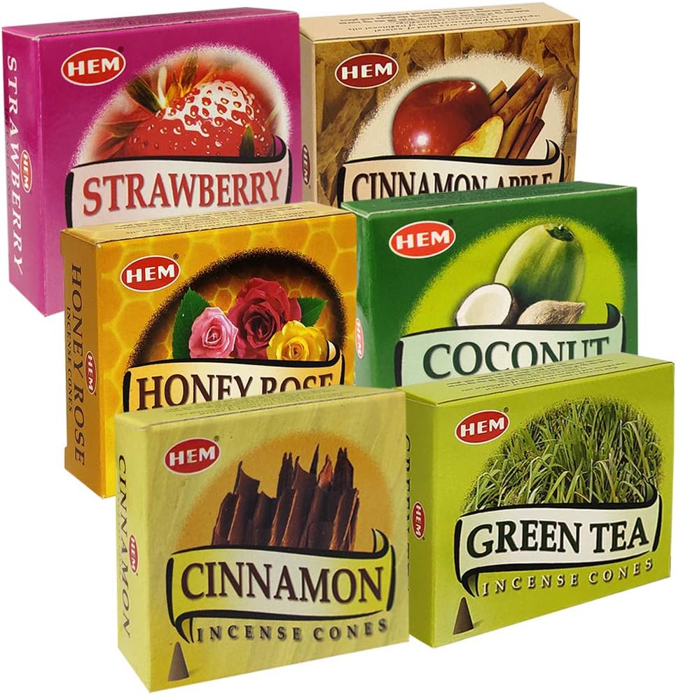 Hem Incense Cones Variety Pack #5 and Cone Incense Burner Bundle with 6 Most Sought-After Fragrances