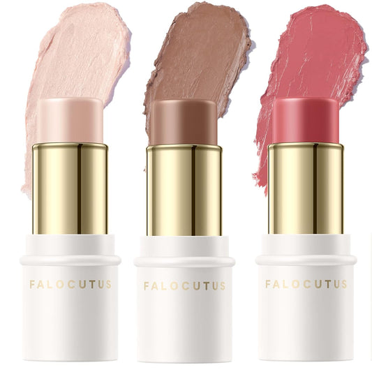 3 Pcs LIGHT-MEDIUM Contour Stick Set,Cream Blush & Highlighter Bronzer Pen,Long Lasting & Smooth Natural Face Contouring Illuminator,Professional Makeup Kit for All Skin