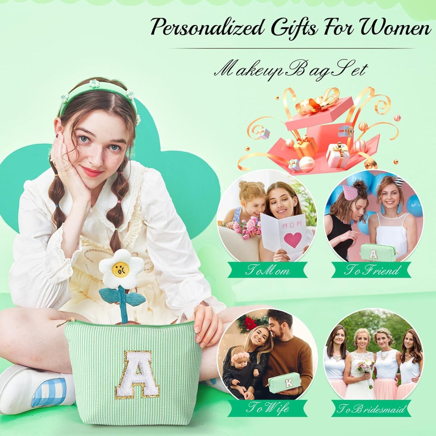 YOOLIFE Initial Makeup Bag for Women Girls - Skin Care for Teens 10-12 | Make Up Bag | Gifts for Women | Graduation Gifts | Mothers Day Gifts | Tween Girls Trendy Stuff Daughter Friend Gifts M, Green
