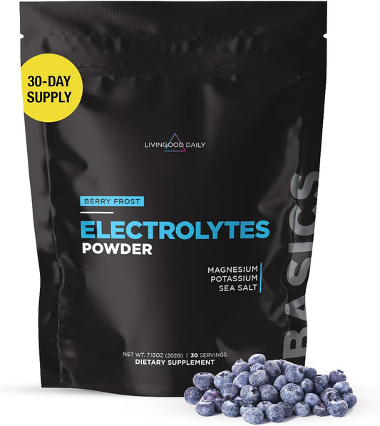 Livingood Daily Electrolytes Powder, Electrolytes Hydration Drink Mix with Vitamin C, Magnesium, Taurine & Sea Salt, Electrolyte Supplement for Energy & Hydration, Keto, Berry Frost Flavor, 30 Srvgs
