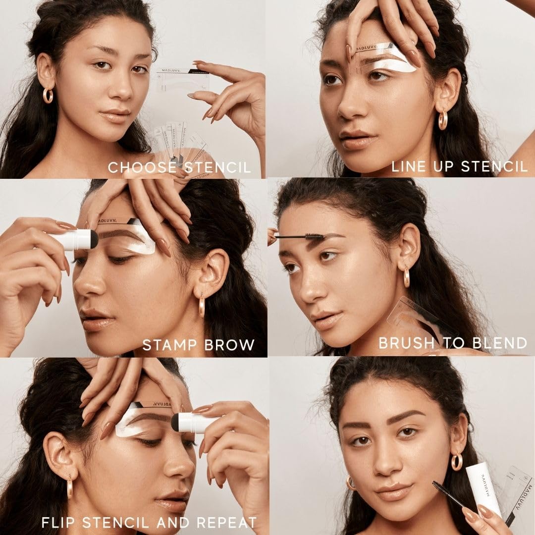 MADLUVV Brow Stamp Kit with Brow Stencils – Easy Eyebrow Shaper for Natural-Looking Brows – Popular Eyebrow Stencil Kit Used by Professionals – 9 Shapes, Spoolie, Travel Bag & Stamp (Light Grey)