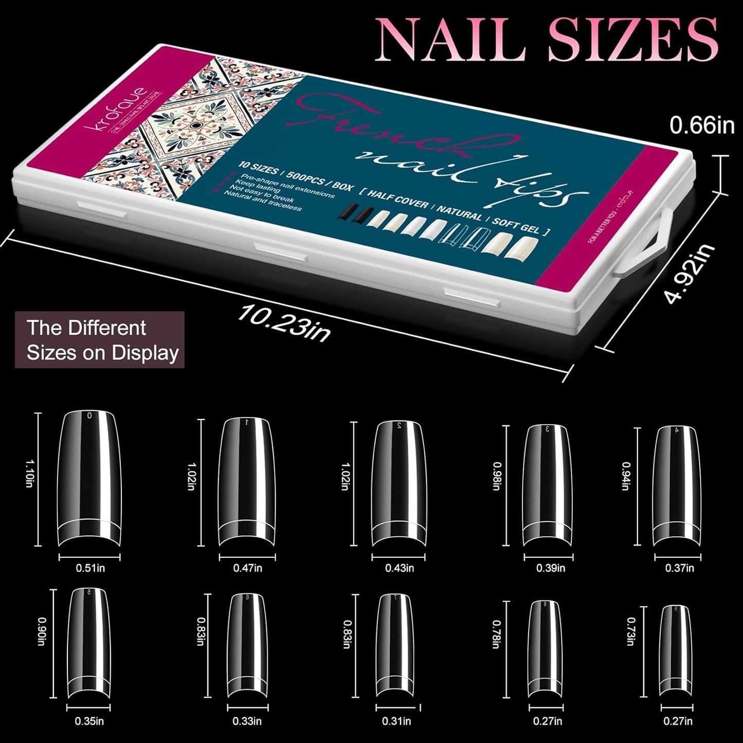 krofaue 500PCS Clear False Nails Tips - Half Cover Lady French Style Acrylic Artificial Tip Manicure with Box of 10 Sizes for Nail Tips Art Salons and Home DIY