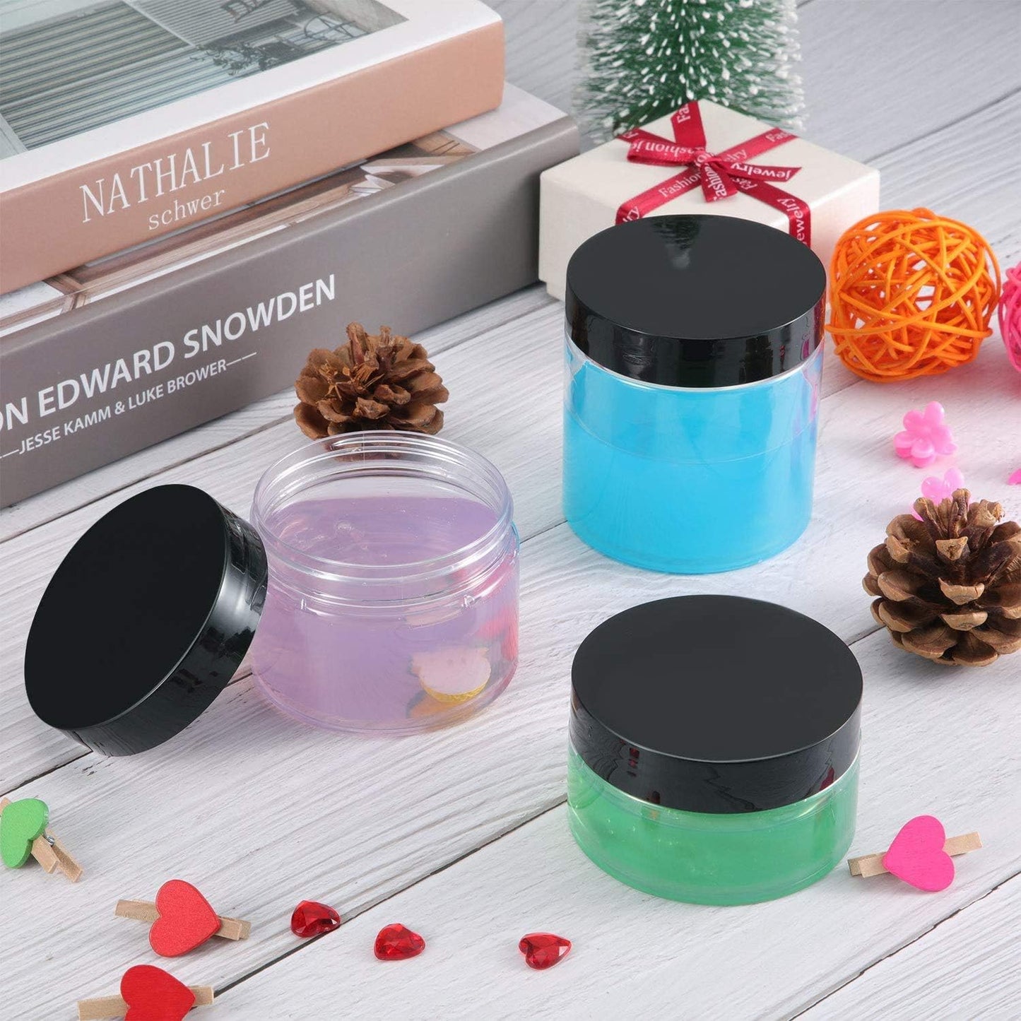 SATINIOR 24 Pieces Empty Clear Plastic Jars with Lids Round Storage Containers Wide-Mouth for Beauty Product Cosmetic Cream Lotion Liquid Butter Craft and Food (Black Lid, 2 oz)