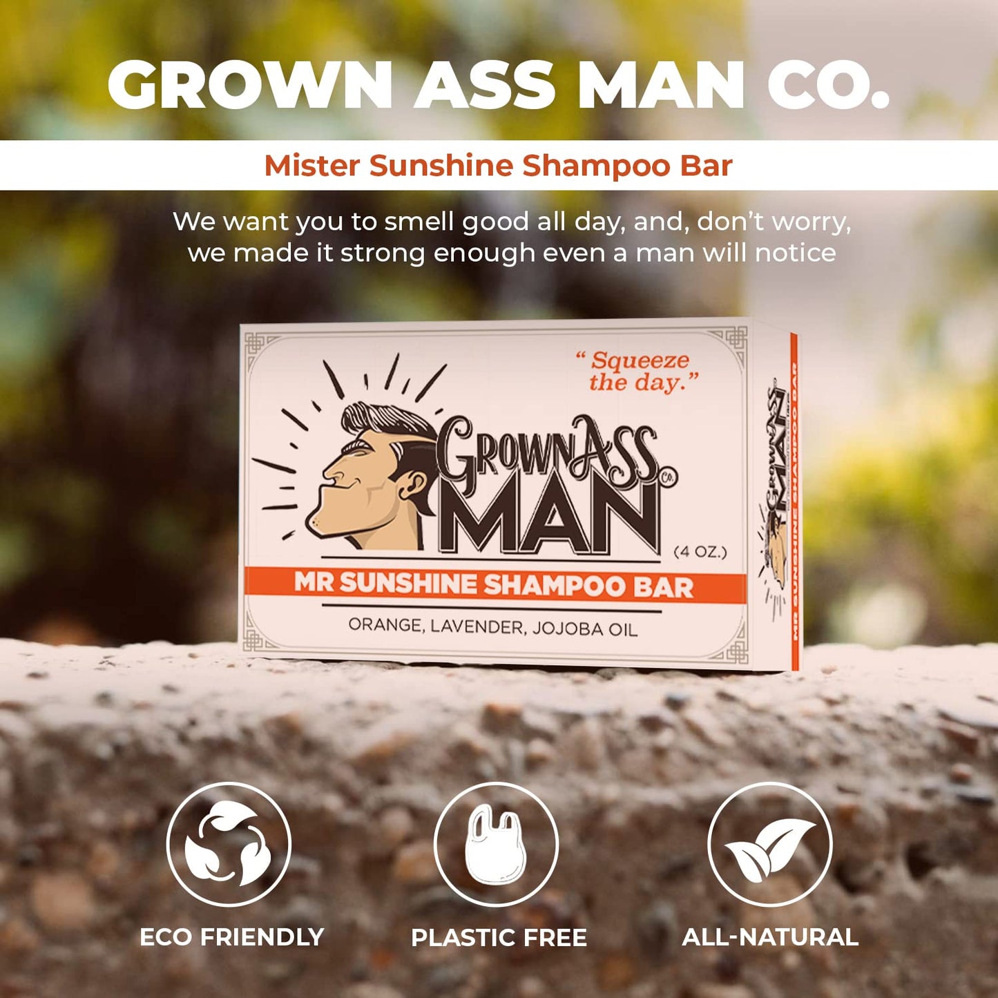 Solid Shampoo Bar Rich Lather 3 in 1: Hair, Beard & Body Wash - Plastic Free & Eco-Friendly, Natural & Organic Clean for All Hair Types, 4oz Bar (Mister Sunshine, Single)