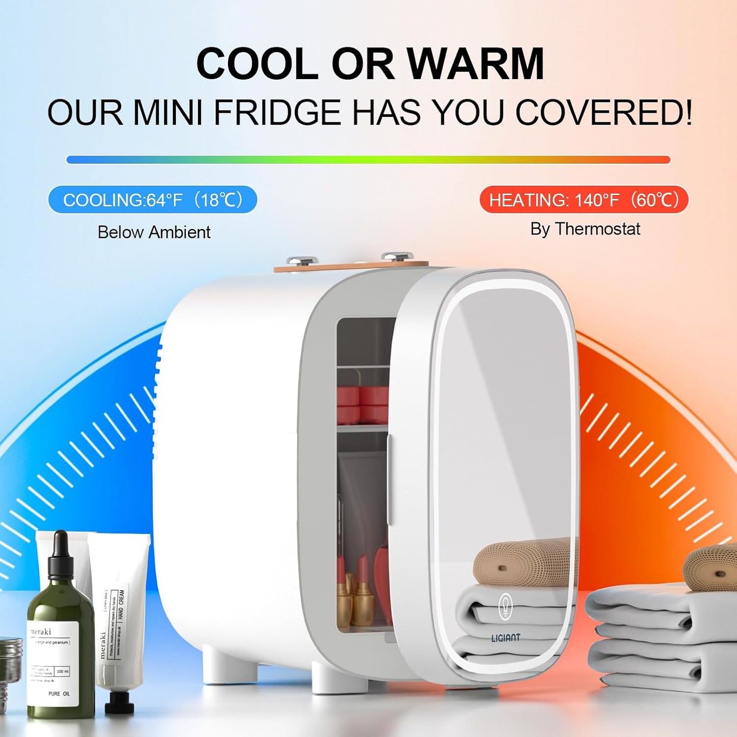 DF01A Skincare Fridge, Mini Fridge for Skincare with 3-Level Dimmable LED Light Mirror, Low Noise 4L Makeup, Cooler & Warmer, Portable Design for Multiple Uses - Bedroom, Office, and Car