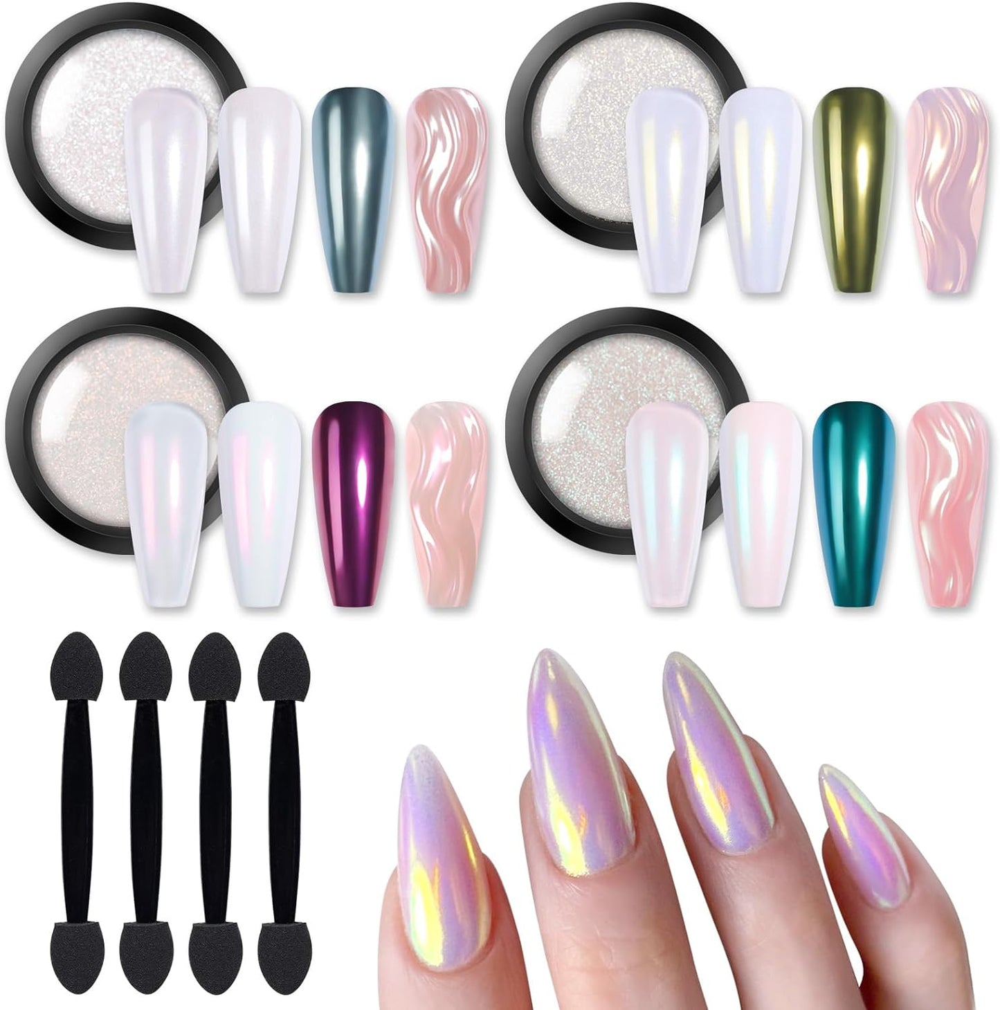 Born Pretty Chrome Nail Powder Metallic Mirror Effect Pigment Iridescent Mermaid Pearl Auroras Nail Powder Glitter Dust Kit for Gel Polish Nail Art Decoration