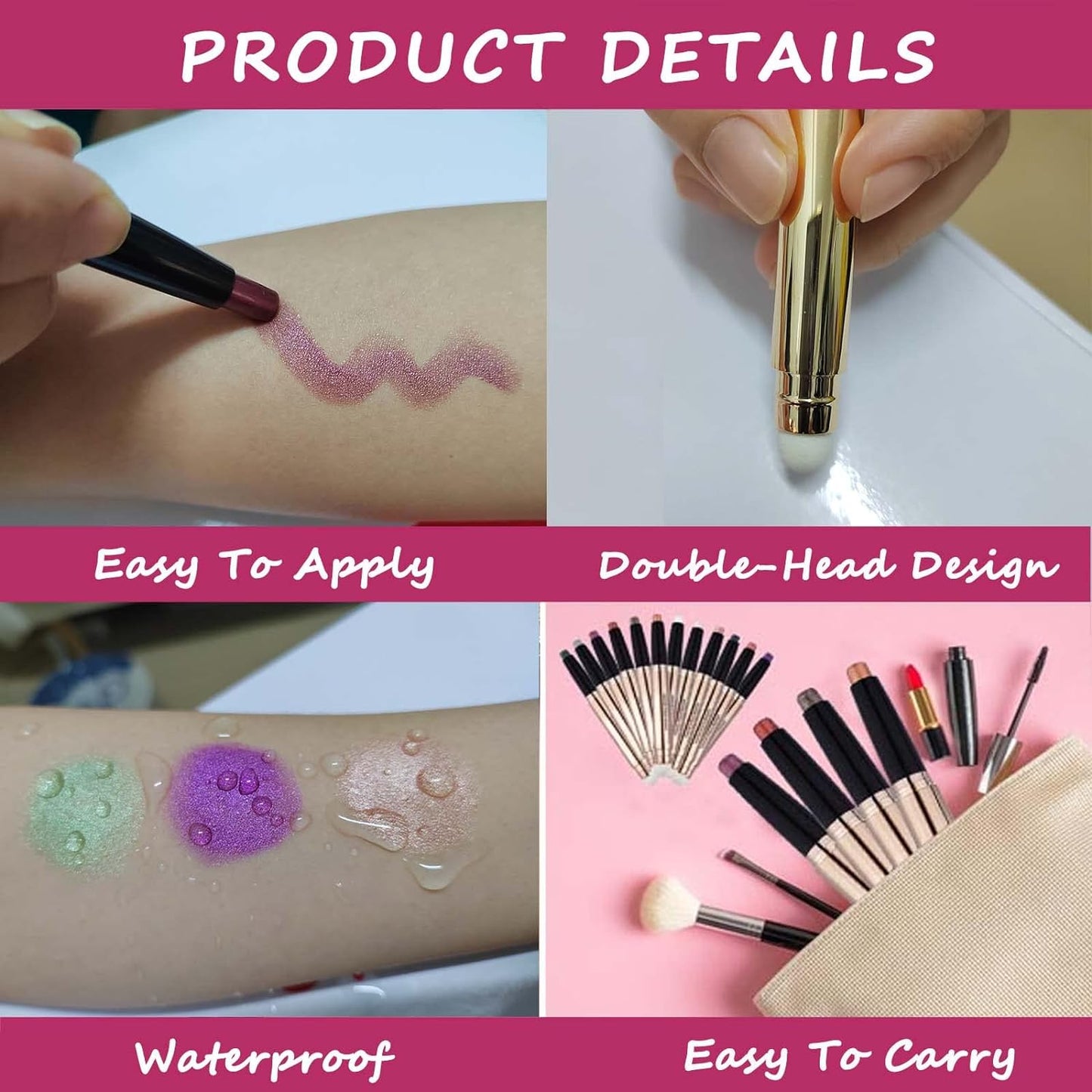 Rose Gold Eyeshadow Stick Makeup, Highlighter Matte Cream Eye Shadow Pencil, Waterproof Hypoallergenic Long Lasting Crayon, Glitter Primer Palette Shimmer Eyeliner Pen wiht Soft Brush