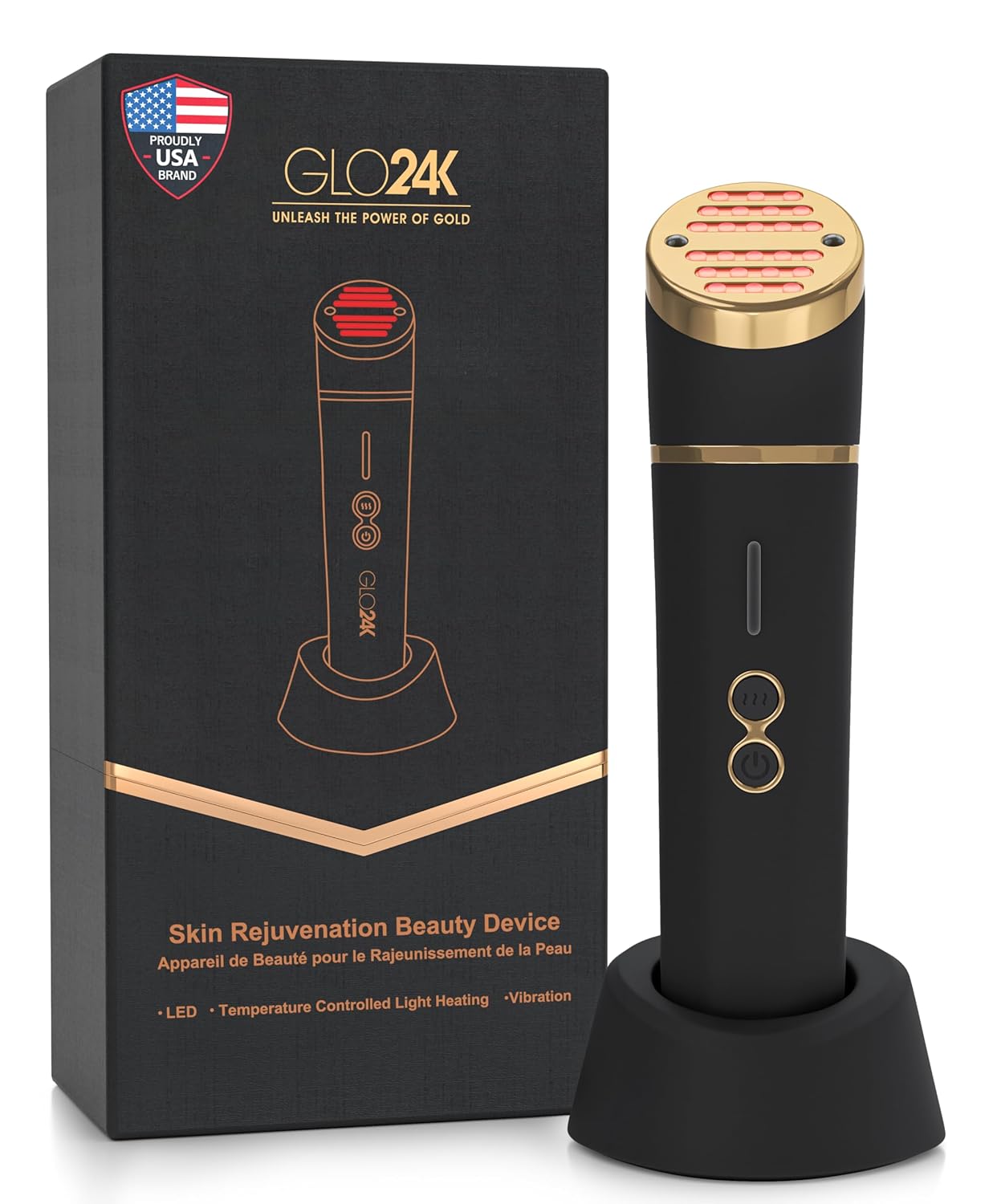 GLO24K Red Light Beauty Device for Face & Neck – 3-in-1 Facial and Neck Massager with Triple LED & Advanced Vibration Technology