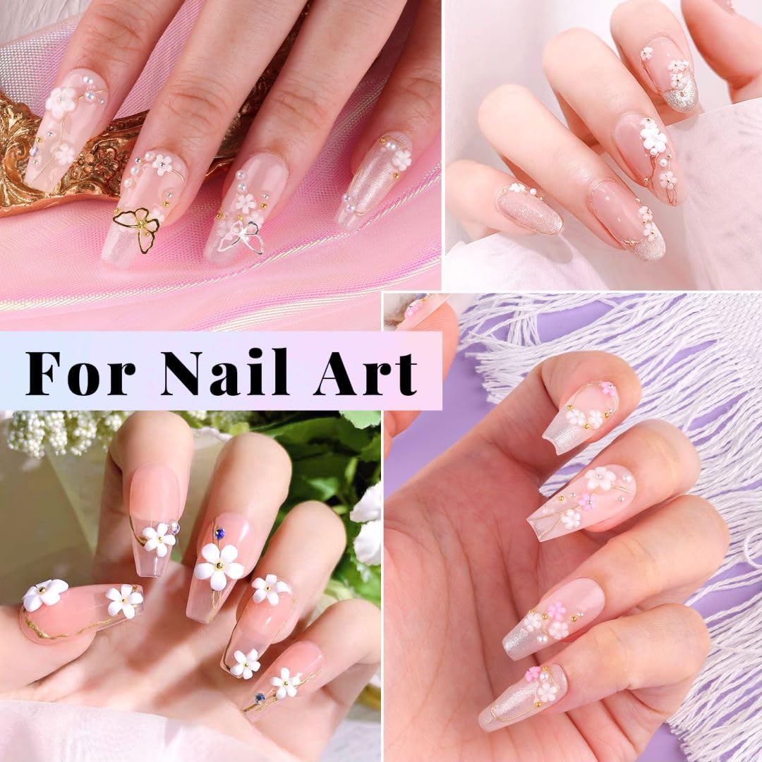 3D Flowers for Nails, Colorful Acrylic Flower Nail Charms with Caviar Beads, Flat Back Glass Crystal AB + Clear Gemstones Round Gems Rhinestones for Nails and Acrylic Nails with Dotting Tools