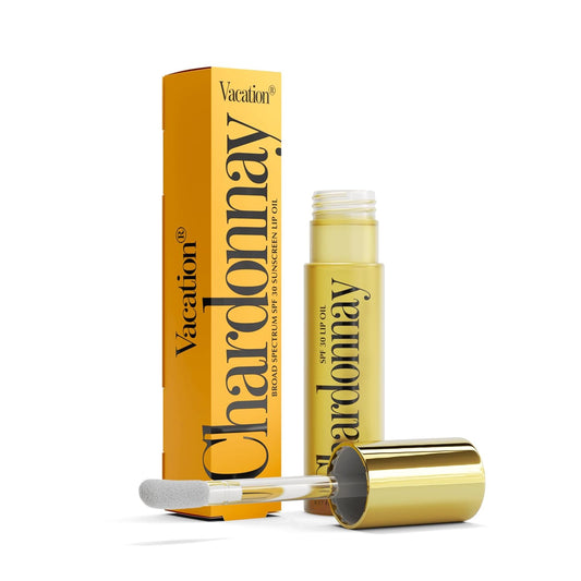 Vacation Chardonnay Lip Oil SPF 30, Sunscreen for Lips, Hydrating Lip Oil, Caramel Vanilla Flavored Lip Gloss, Clear Plumper, Non-Sticky Lip Balm with SPF 30, Vegan, 0.2 Fl. Oz.