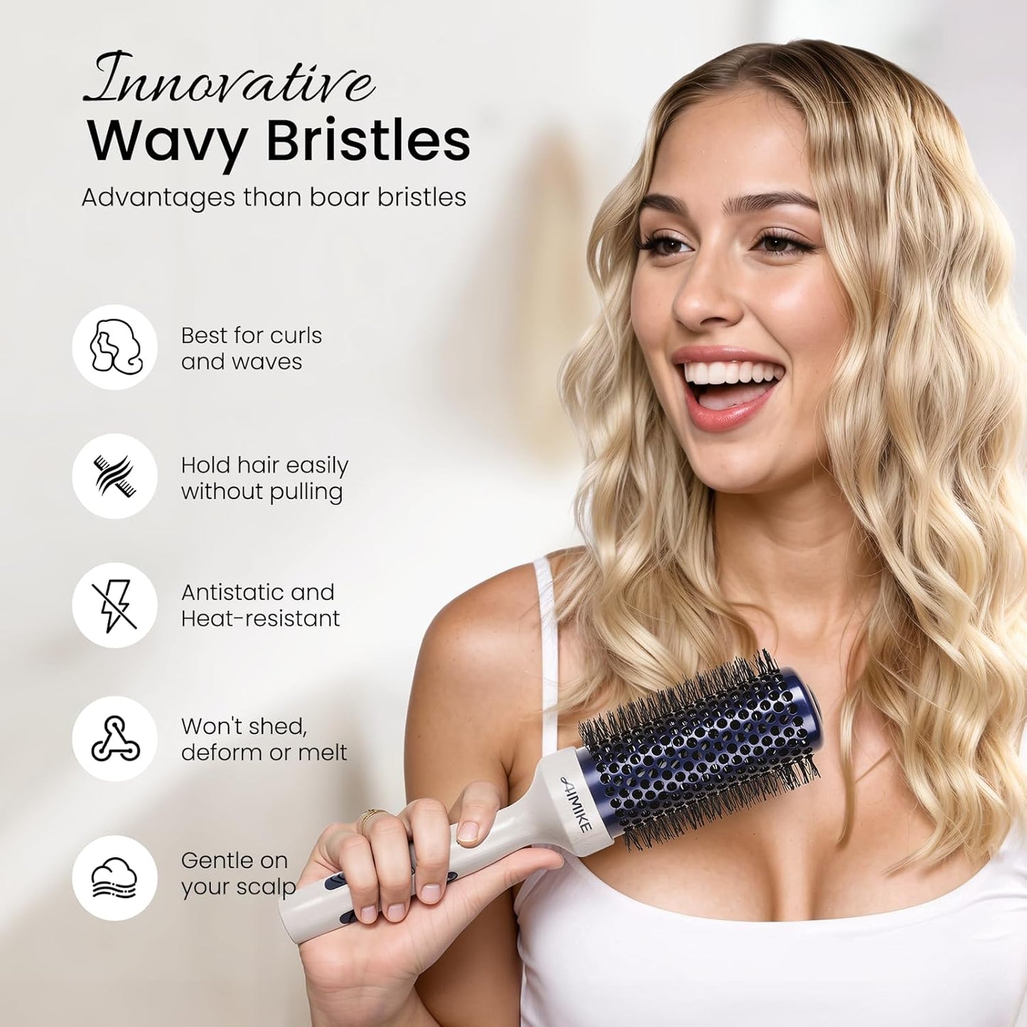 AIMIKE Nano Ionic Tech Ceramic Brush for Blow Drying, Styling and Volume Boost - Natural Wood One-Piece Design, 1.7 Inch/43mm