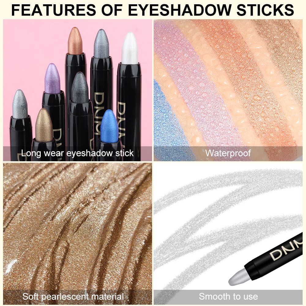 Kaely 8Pcs Cream Eyeshadow Stick Set, Pearl White Black Gray Khaki Royal Blue Vioiet Purple Silver, Shimmer Eyeliner Pencil Eye Shadow Sticks Palette Makeup for Older Women, sombras para ojos 01