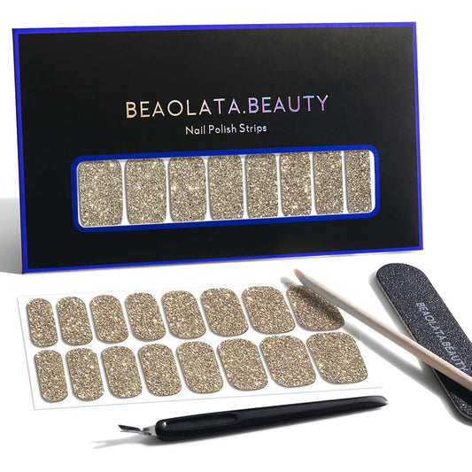 Nail Polish Strips, 32PCS Salon Quality Wraps, Long Lasting Gel Nail Stickers for Women Easy Apply& Remove (Golden Hours Glitter)