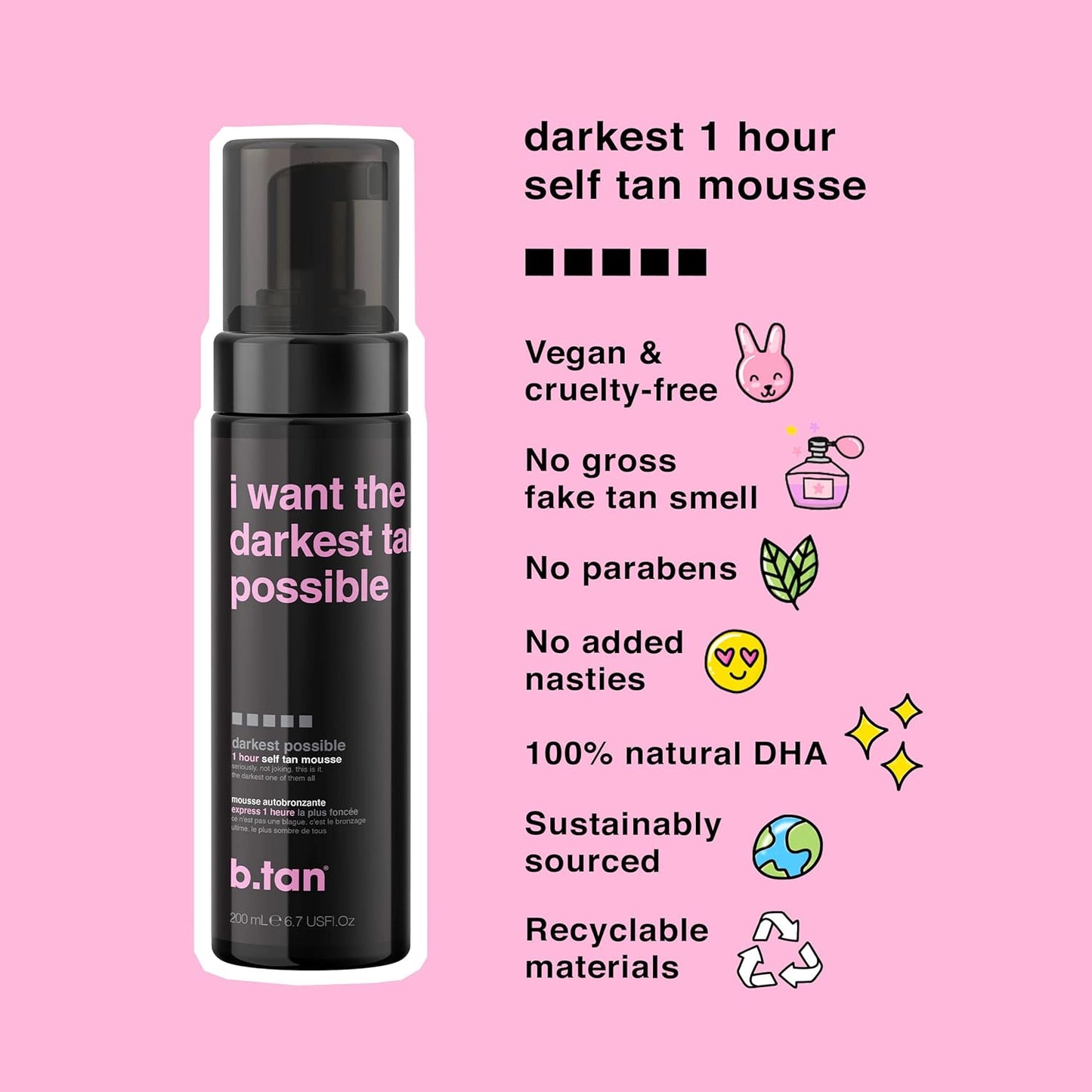 b.tan Dark Self Tanner Kit | Get The Darkest Tan Possible Bundle - Best Dark Self Tanning Mousse w Mitt Applicator, 1 Hour Sunless Tanner, Fast Bronzing Glow, No Fake Tan Smell, Vegan, 6.7 Fl Oz