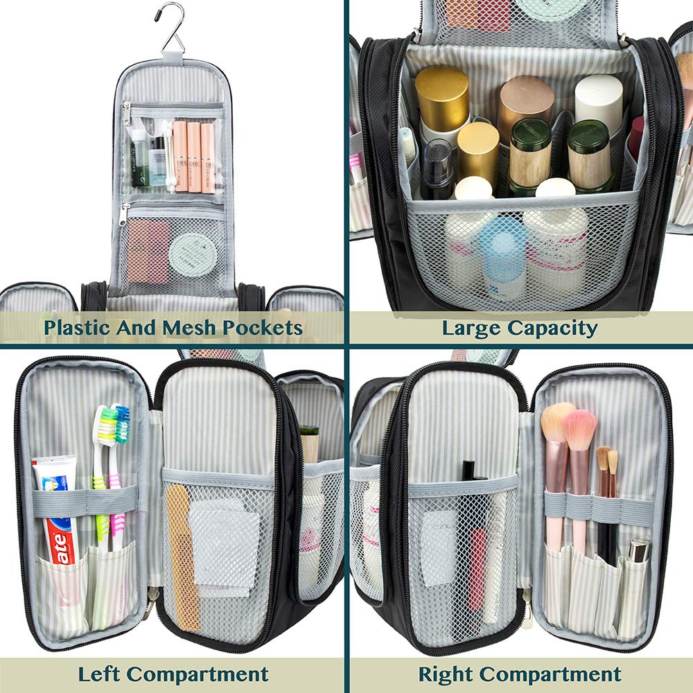 PAVILIA Toiletry Bag Travel Bag for Women Men, Hanging Cosmetic Organizer, Water Resistant Makeup Bag for Accessories Toiletries, Large Travel Essentials Kit (Black)