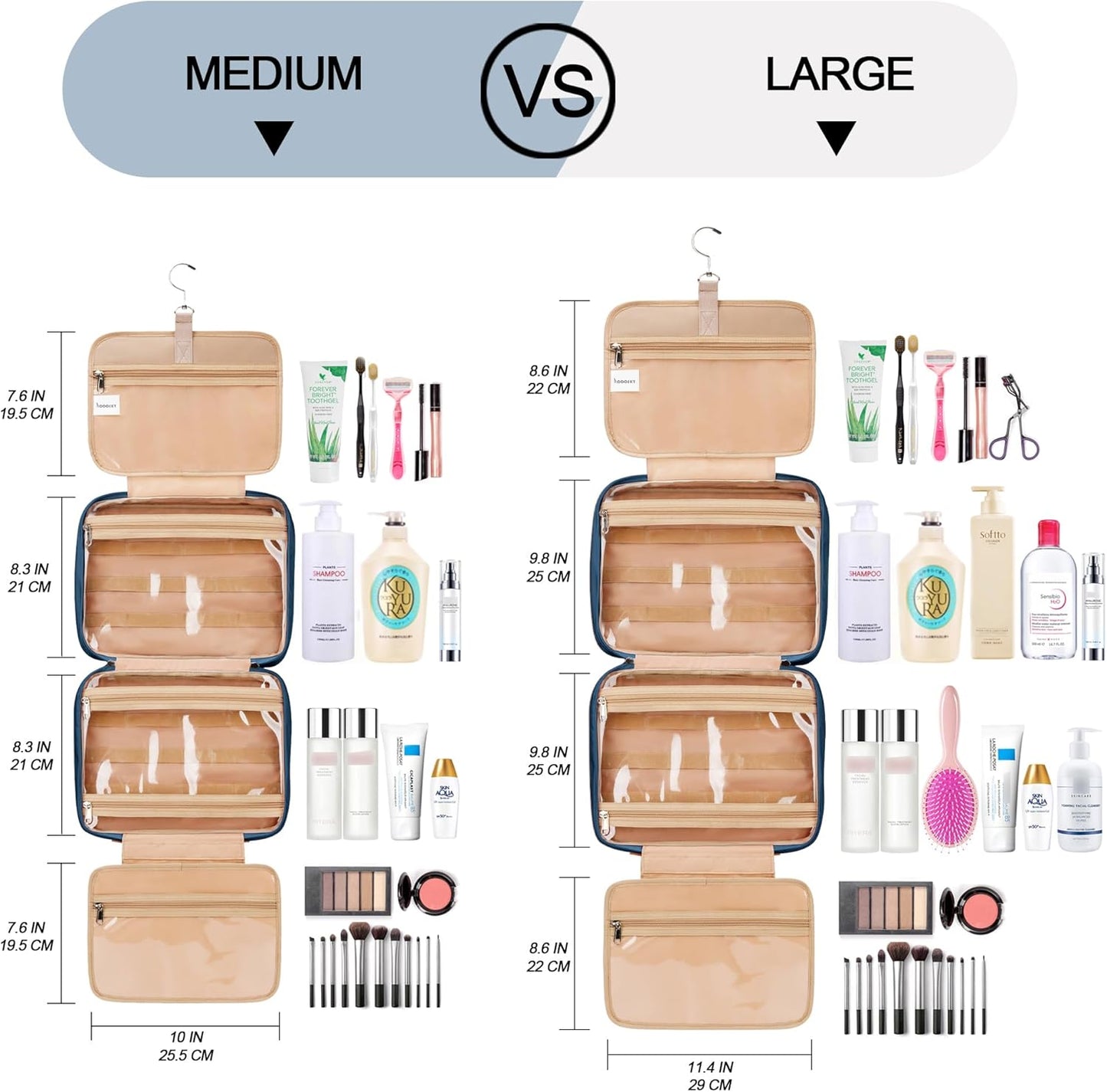 Travel Hanging Toiletry Bag for Women, Extra Large Makeup Bag, Holds Full-Size Shampoo, with Jewelry Organizer Compartment, Waterproof Cosmetic Bag, Toiletries Kit Set with Trolley Belt, Navy Blue