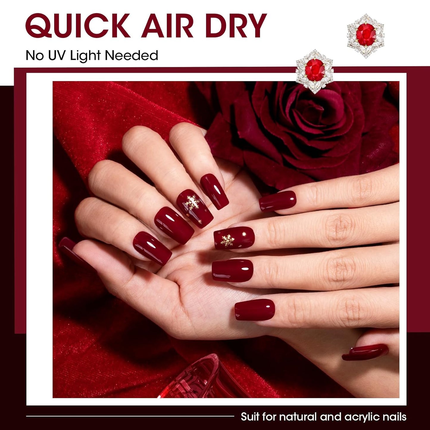 GELLEN Dark Red Nail Polish & Base Top Coat, Deep Burgundy Cherry Wine Blood Red 4 Colors Set, Quick Air Dry Regular Nail Polish for Women Gifts Home Salon Nails, Not UV Gel, Hema Free, Non-toxic