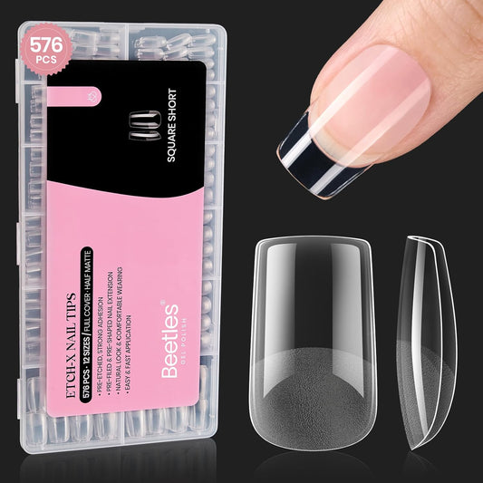 Beetles Gel Nail Tips Etch-X, Square Short, 576Pcs 12 Sizes, Pre-Shaped Half Matte Full Cover Soft Acrylic Fall False Nail Tips Easy DIY Press On Nail Extension Manicure Salon Gift for Women