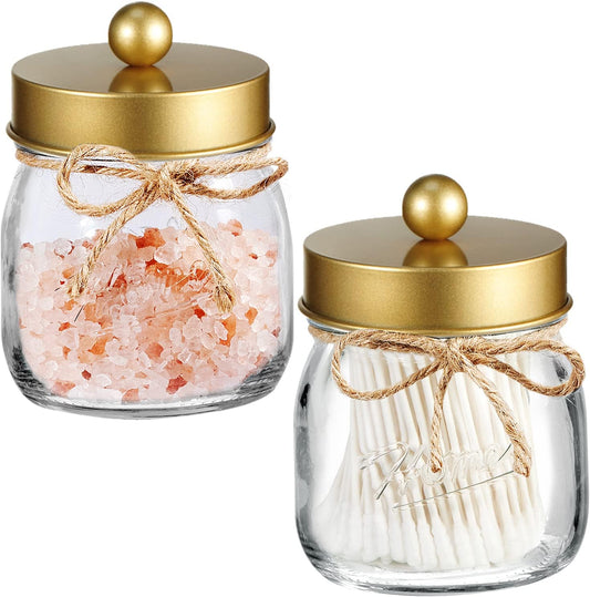 SheeChung 2 Pack Qtip Holder for Bathroom, Cotton Swab Holders, Cute Mason Jars Decor, Bathroom Decor and Accessories for Cotton Round Pads, Balls, Floss Pick - Brushed Gold