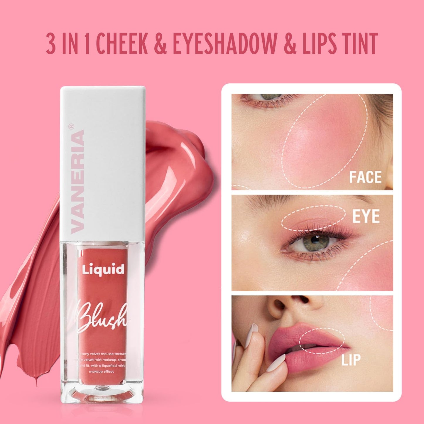 VANERIA Liquid Blush for Cheeks,Long lasting High Pigment Creme Blush,Multi-Use Makeup Blush Stick for Cheeks Lips Eyes,Natural Look Makeup Face Blushes.#1 (5g/0.17oz)