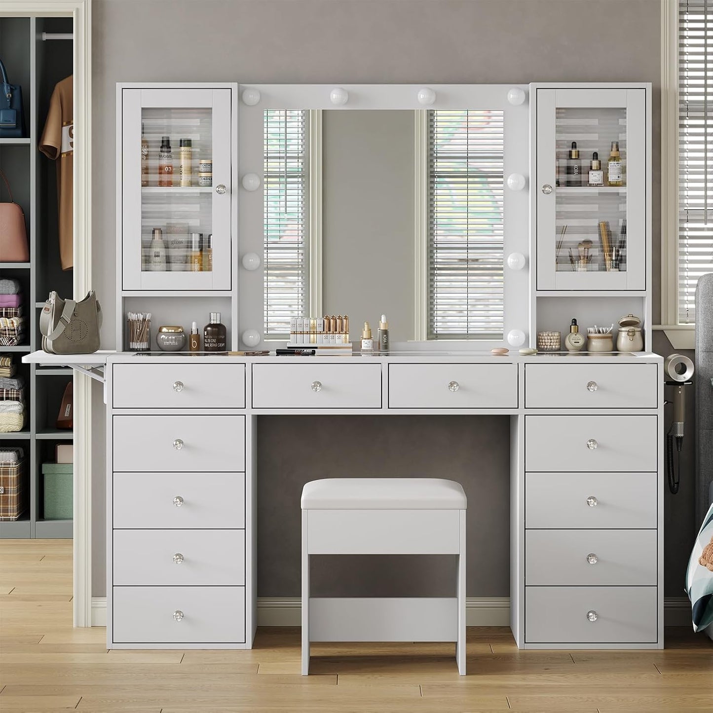 Vanity with Mirror and 10 LED Lights,Vanity Desk with Power Outlet, Makeup Vanity with 12 Drawers and 2 Cabinets, Fold-up Panel, Glass Top Vanity Table with Chair for Bedroom, White