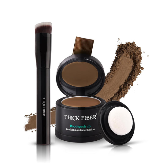 THICK FIBER Root Touch Up and Hairline Concealer - Water & Sweat Resistant Hair Loss Powder Set for Thinning Hair, Includes Brush (Light Brown)