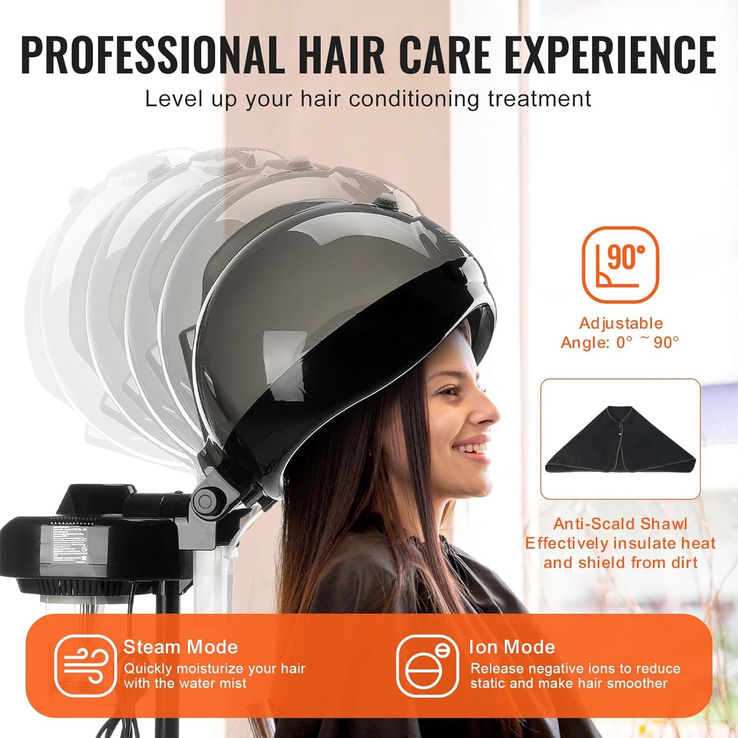 VEVOR Professional Hair Steamer for Deep Conditioning, 11.81-inch Hooded Ionic Hair Steamer with 2 Modes, Height-Adjustable Standing Hair Steamer with Timer, 5 Wheels (2 Lockable) for Salon Home Spa