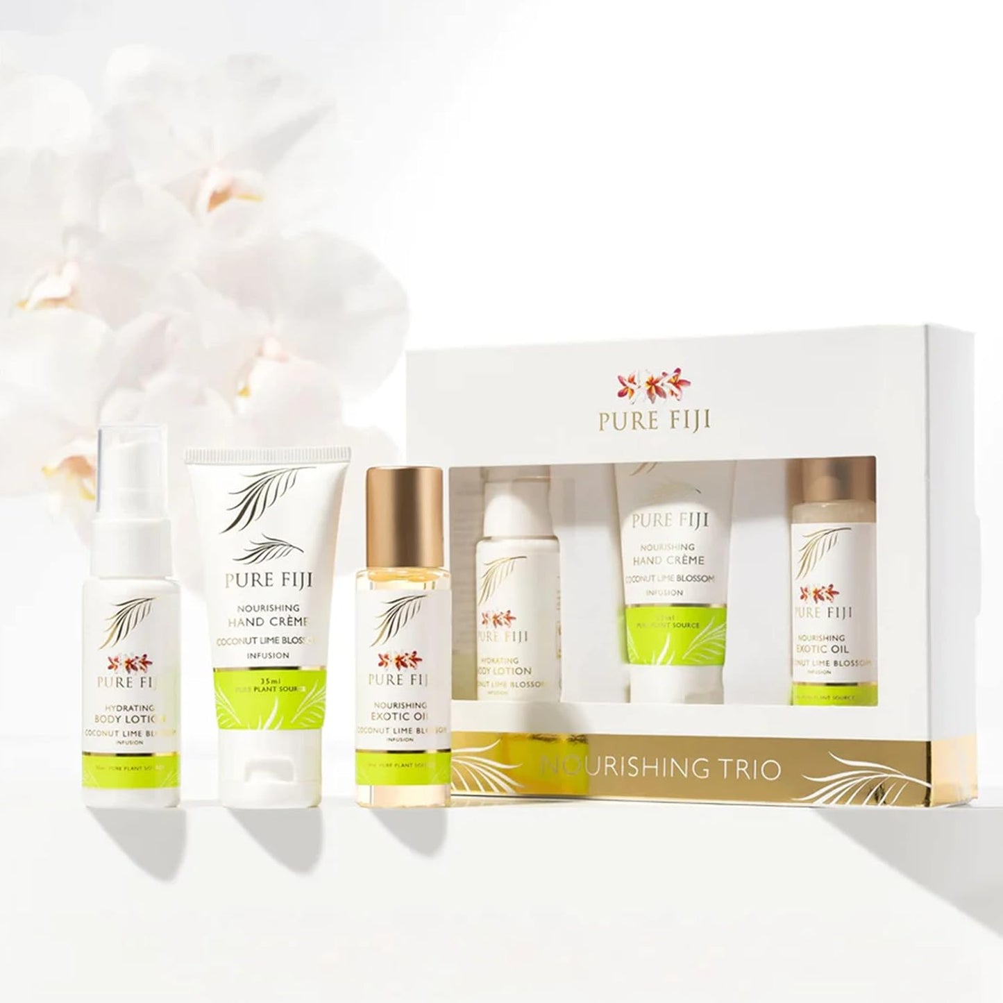 Pure Fiji Nourishing Trio, Ideal Spa Bath Gift Set for Women - Travel Kit - Includes Exotic Body Oil , Hydrating Body Lotion For Women and Nourishing Hand Cream, Coconut Lime Blossom Scent