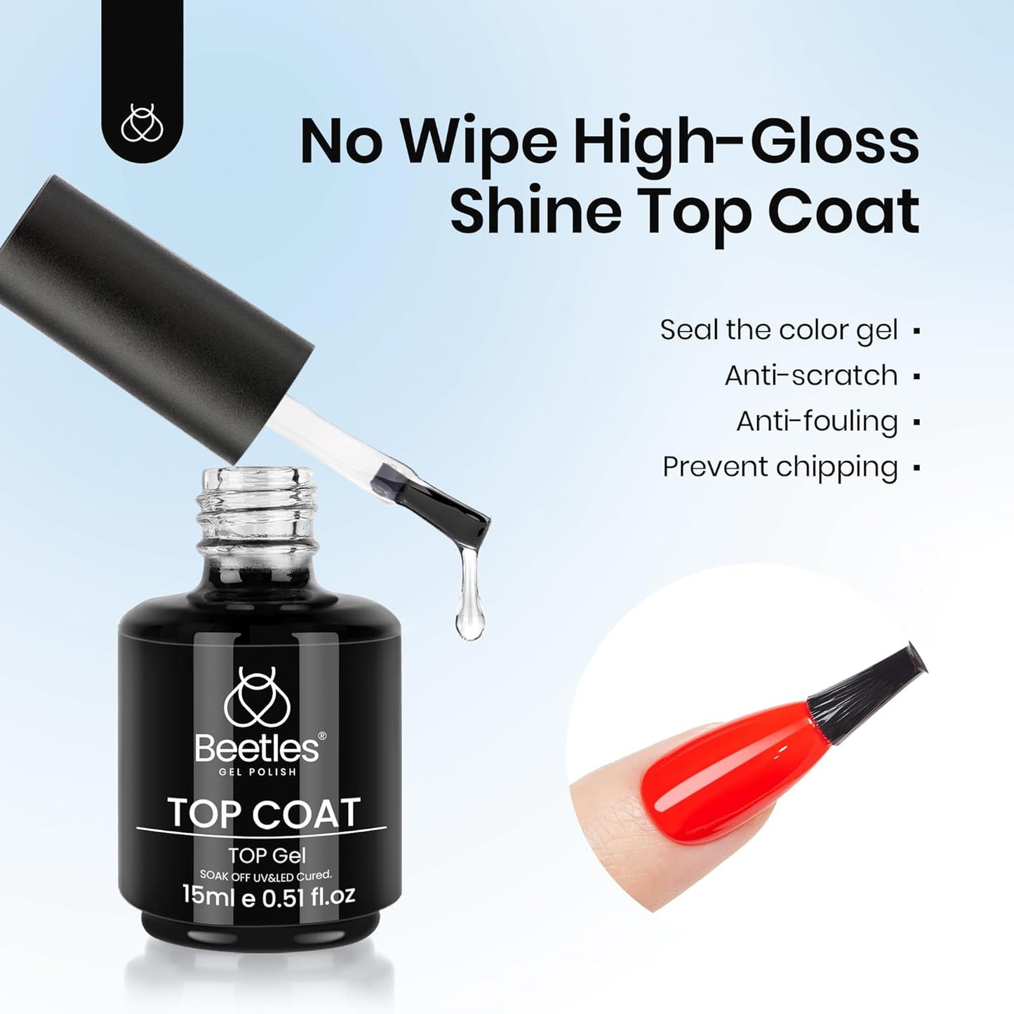 Beetles Top Coat Gel Nail Polish Set – 2Pcs 15ml No Wipe Gel Top Coat, Long-Lasting High Gloss Finish, Clear Nail Polish Soak Off UV/LED Nail for DIY & Professional Manicure