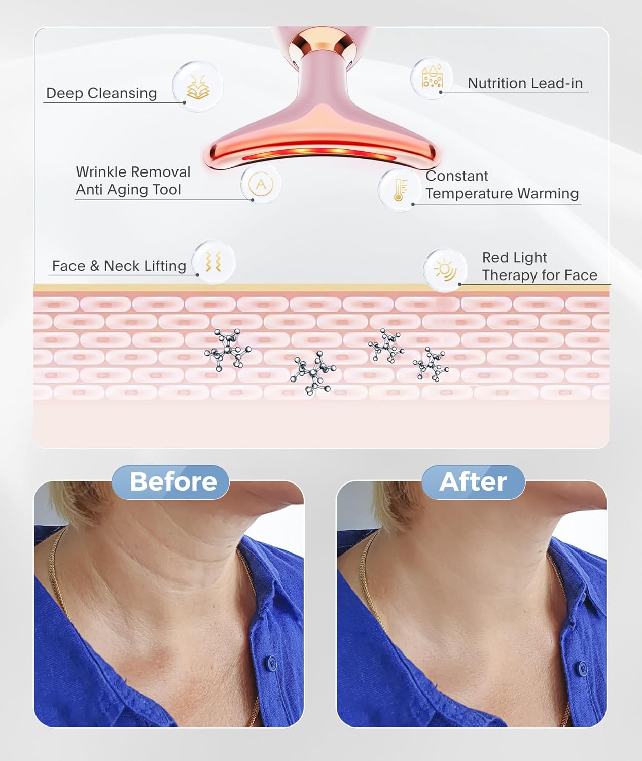Light Based Face-Neck-Massager - 7 Color Portable Facial Massager for Skin Care, Glossy Pink