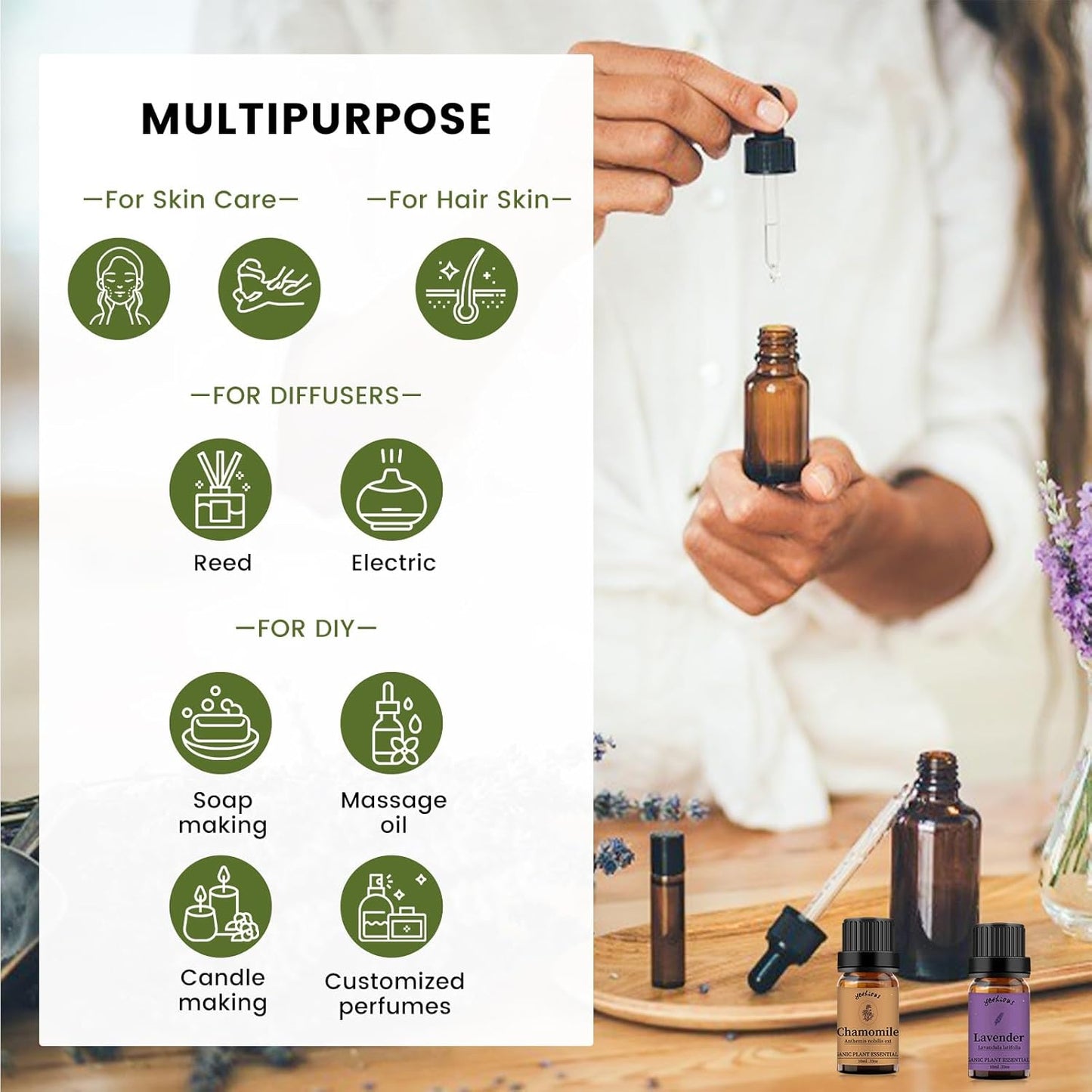 yethious Chamomile Lavender Essential Oil Set Pure Chamomile Lavender Aromatherapy Oils Organic Chamomile Essential Oil for Diffuser 2 Pack 10ML
