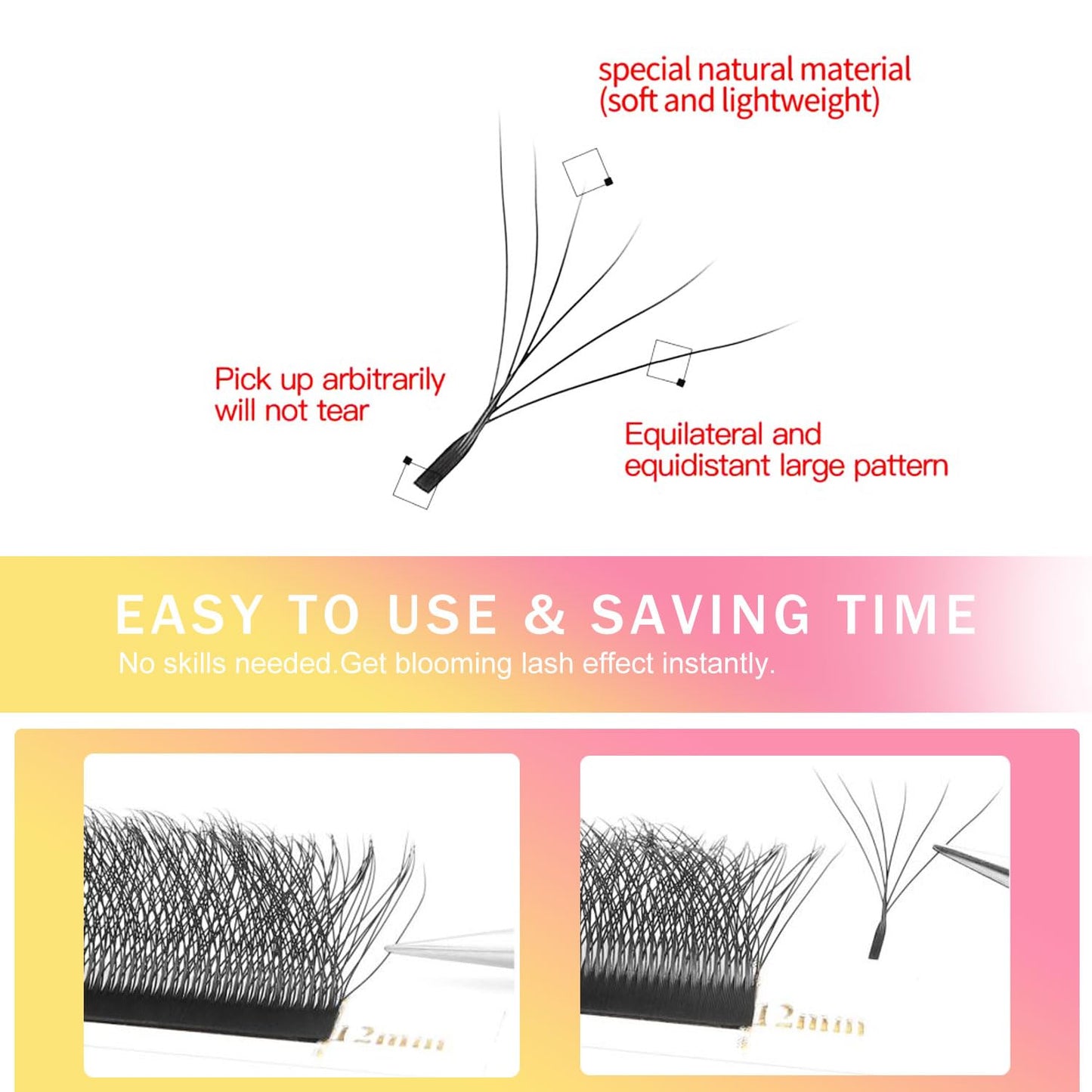 W Lash Extensions Supplies 6D Eyelash Extensions W Shape 0.07mm Thickness D Curl 12mm Premade Fans Easy Fan Lashes Volume Matte Black 12 Rows Crisscross Eye Lashes(W-6D-0.07-D,12mm)