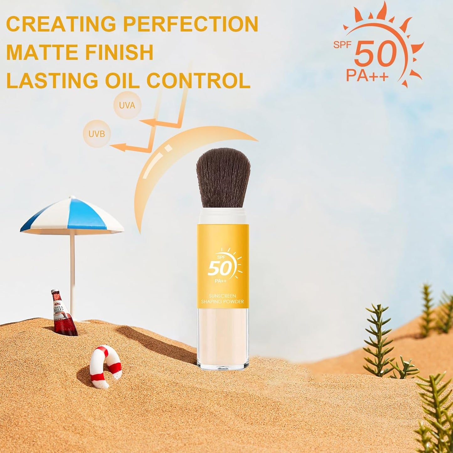 Mineral Sunscreen Setting Powder SPF 50, Sunscreen Powder for Face & Scalp, TranslucentSunscreenPowder with Brush, Oil Control Natural Matte Finish LoosePowder, Lasting Lightweight Breathable