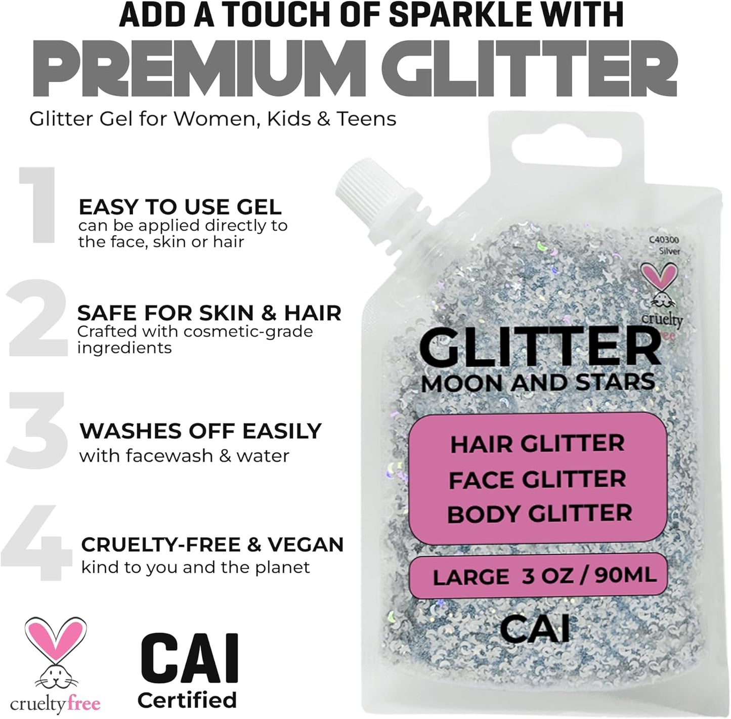 Face, Body & Hair Glitter Gel – Halloween Glitter for Kids and Women – 3 Oz Cosmetic-Grade Gel w/Moon & Stars for Festivals & Halloween Party, Easy Apply & Wash Off - Silver/Pink 2Pack
