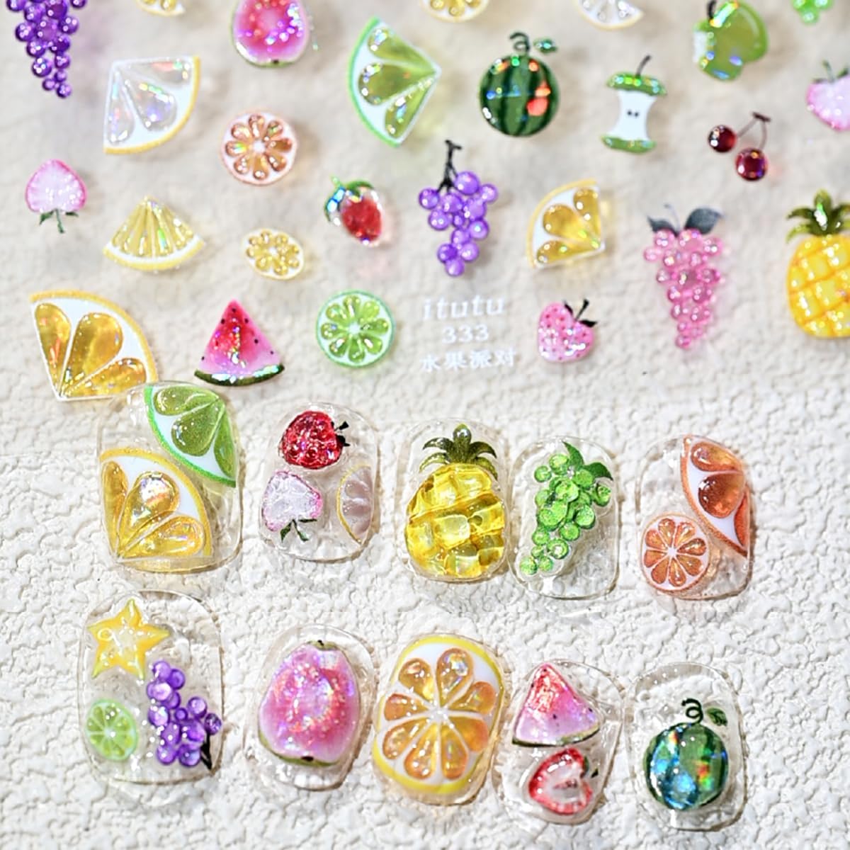 Summer Fruit Nail Stickers for Nail Art Iridescent Shimmer Nail Decals,Lemon Strawberry Grape Watermelon Stickers for Nails Designs 3D Self Adhesive Nail Supplies & Decorations for Women Girls 1 Sheet