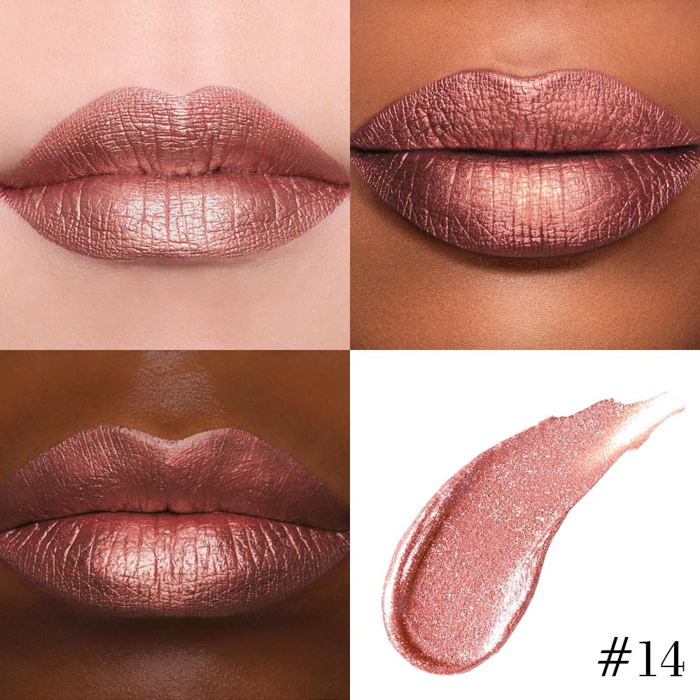 Kaely 2-in-1 Bronze Gold Metallic Lipstick and Lip Liner, Shimmer Liquid Metallic Lipsticks for Women, Glitter Lip Gloss Stain Long Lasting Waterproof Smudge Proof 24 Hour, Vegan Makeup, 14