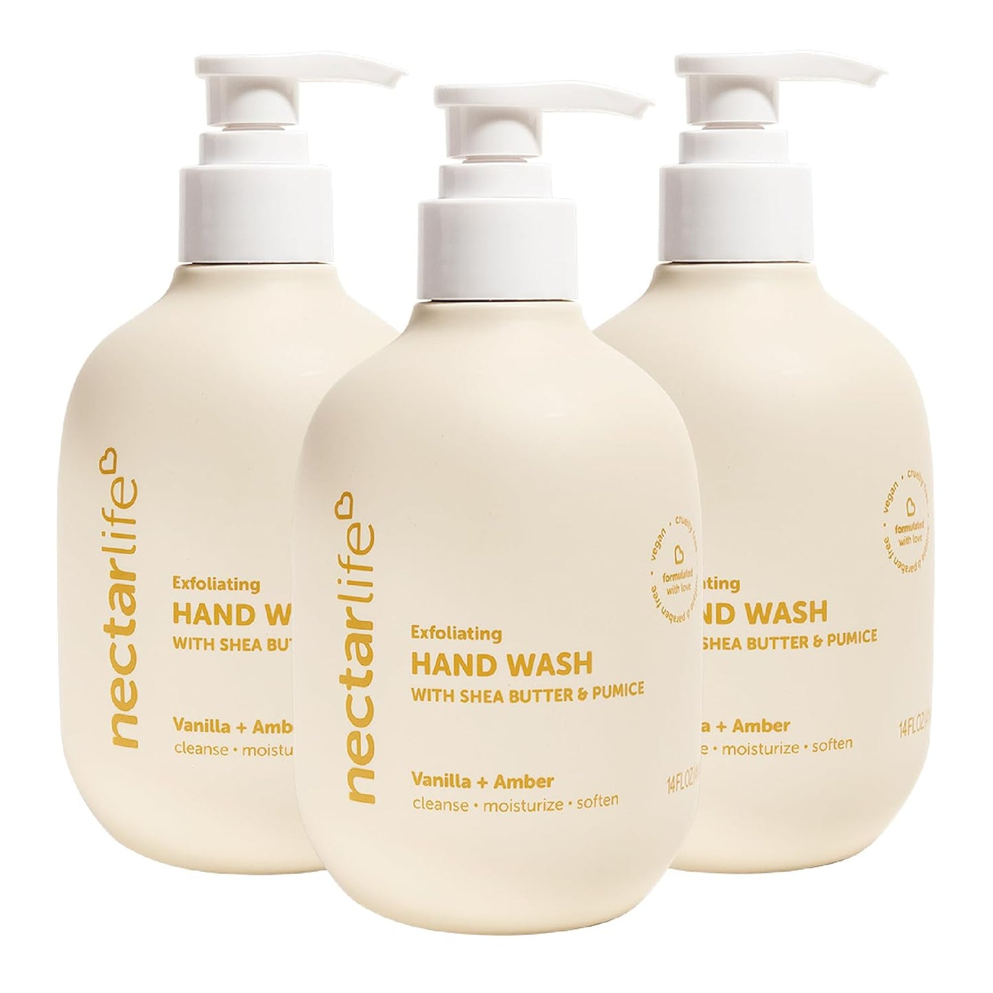 Nectar Life Exfoliating & Moisturizing Hand Wash 3-Pack, Volcanic Pumice for Hand Scrub, Shea Butter Softens Hands, Clean Vegan Ingredients, Vanilla Scent