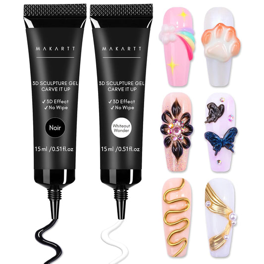Makartt 3D Gel Nail Art: White and Black Sculpting Candy Molding Gel No Wipe Craving Embossed Gel Polish Set for Decoration Manicure Charm Designs (Whiteout Wonder & Noir)