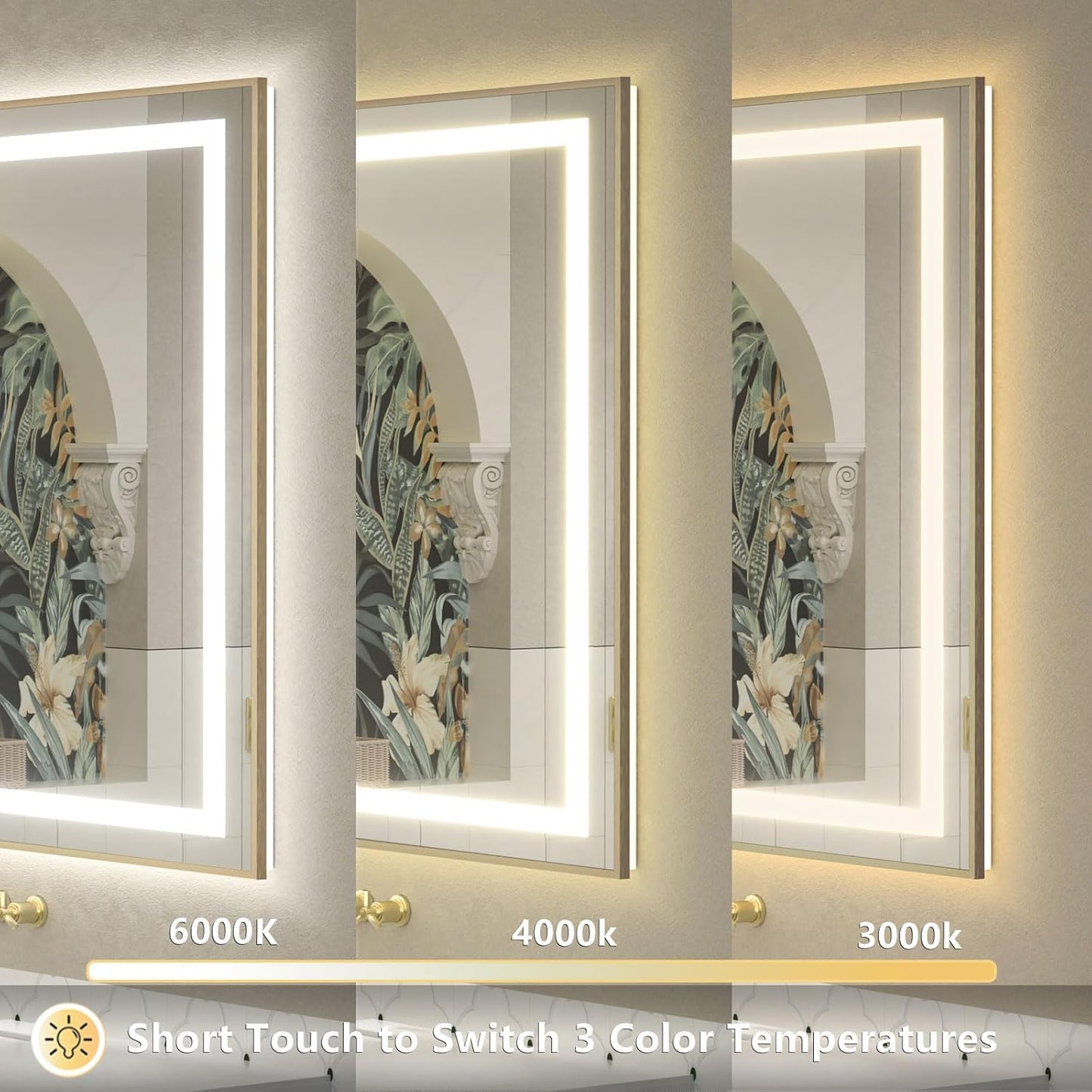 OKPAL 24x36 Gold LED Bathroom Mirror with Lights, Frontlit & Backlit Metal Framed Mirror, Lighted Bathroom Vanity Mirror, Anti-Fog, Dimmable 3 Colors, Shatterproof, Horizontal/Vertical
