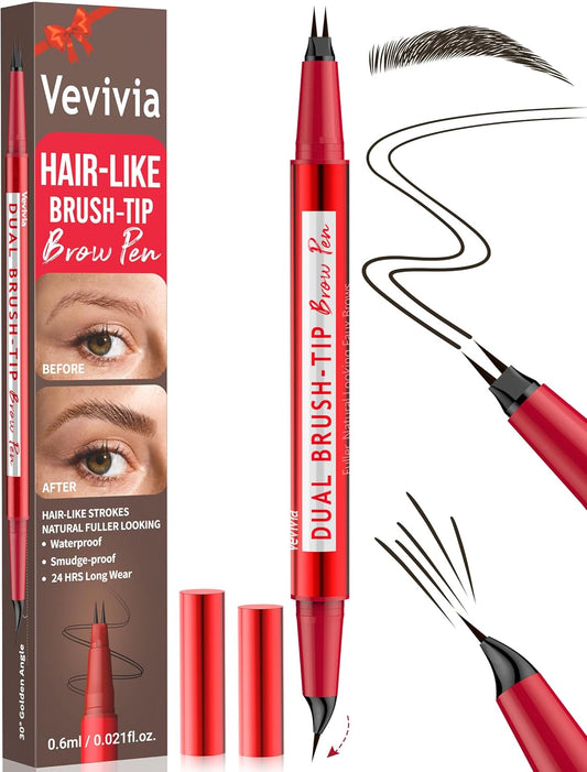 Vevivia Eyebrow Pencils for Women - Eyebrow Pen with Dual-Brush-Tip & Curved Tip for Natural Fuller-Looking Brows, Precise Hair-Like Strokes for All Brow Types, Last All-Day Brow Makeup, Black Brown