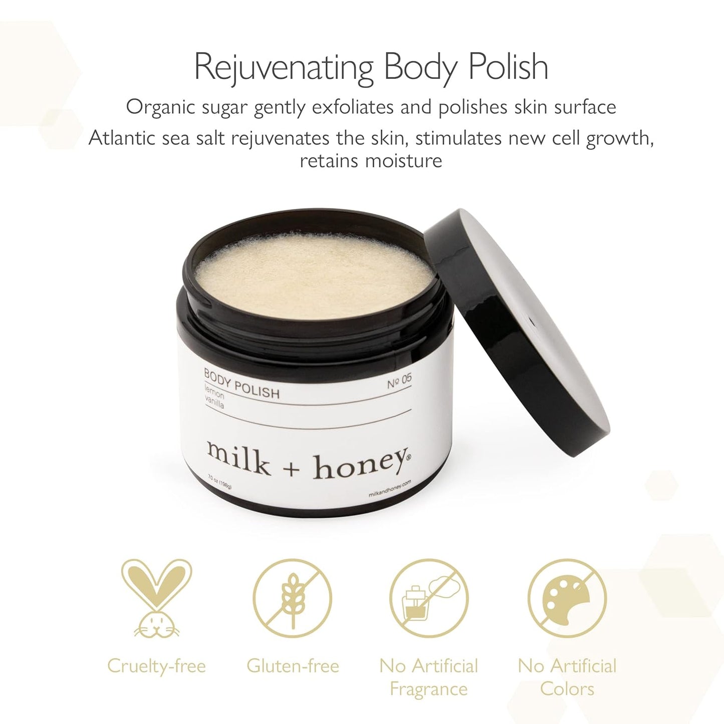 milk + honey Exfoliating Body Scrub No. 5 – Natural Sea Salt & Sugar Polish with Coconut, Lemon & Vanilla – Gentle Scrub for Sensitive Skin, Women & Men – 7 oz