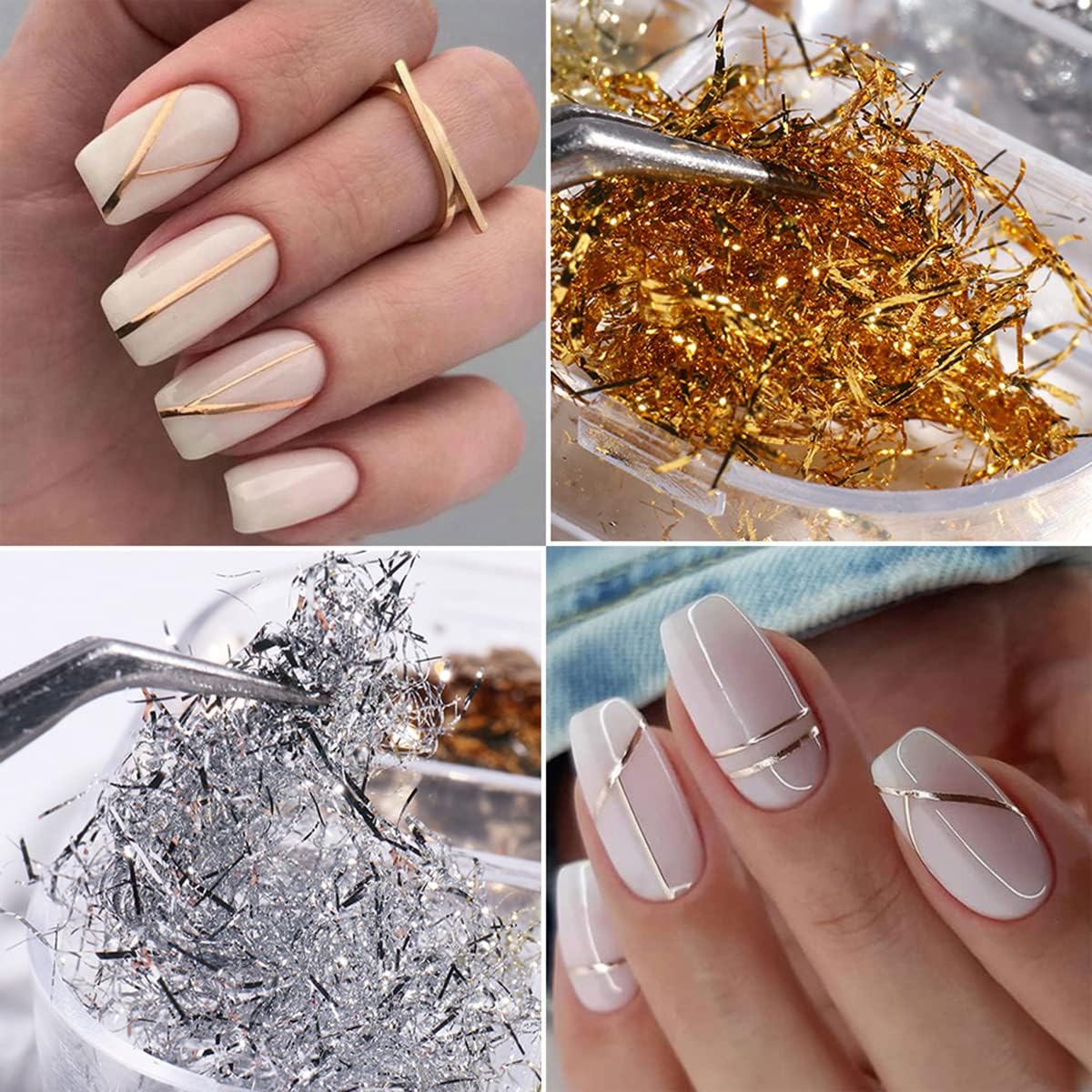 Holographic Nail Foil Flakes 3D Sparkly Aluminum Foil Glitter Sequins Nail Art Supplies Gold Silver Nail Art Foil Glitter Paillettes Line Strip Nail Glitter Flakes for Acrylic Nails Design (6 Grids)